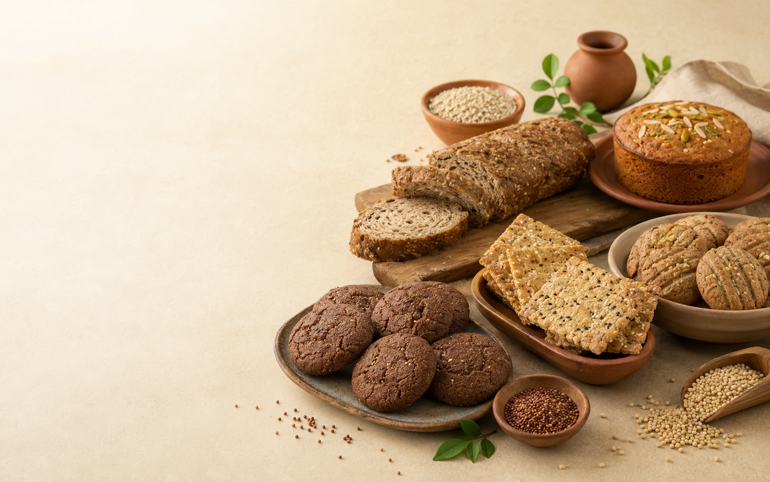 Millet cookies, crackers, bread and cake arranged on an artisan bakery table