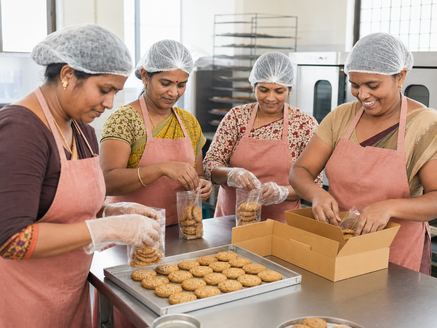 Women of the cooperative packing bakery products together